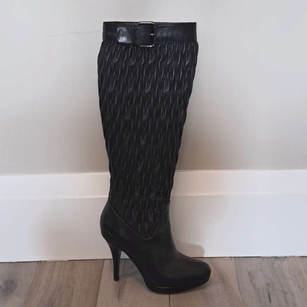 Hugo Boss Ruched Knee High Leather Stiletto Boots Made in Italy 35